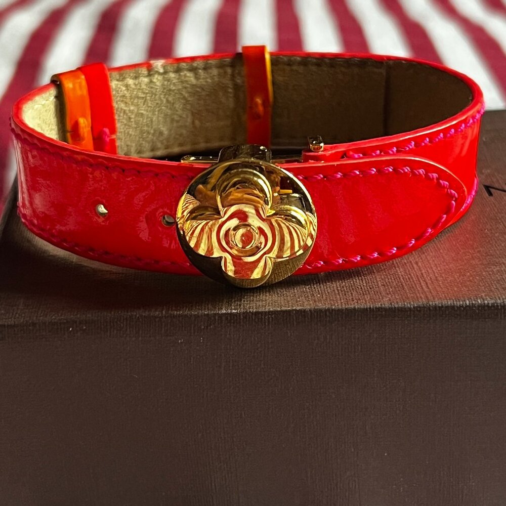 Louis Vuitton Patent Leather Bracelet Red Gold LV Flower Motif Bangle